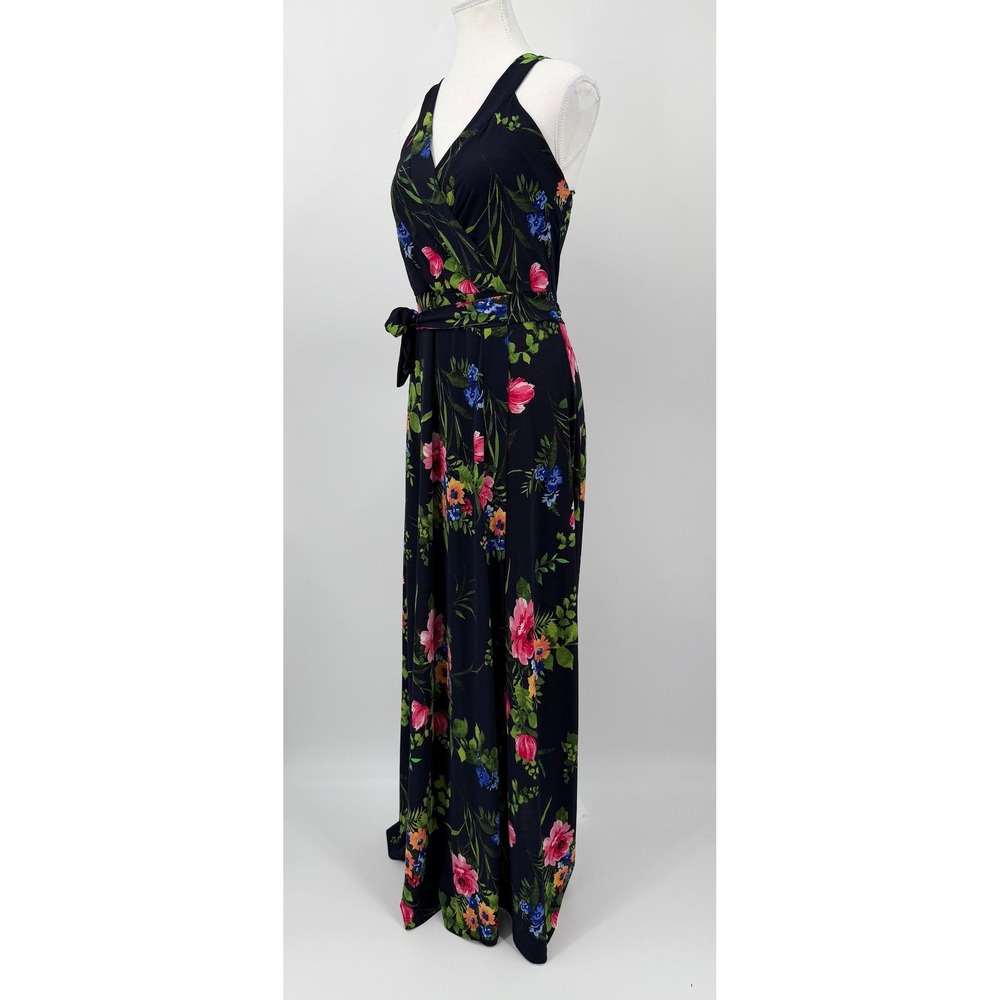 Le Lis Floral Maxi Dress Navy Blue Sleeveless Wrap V-Neck Stretch Made in USA L